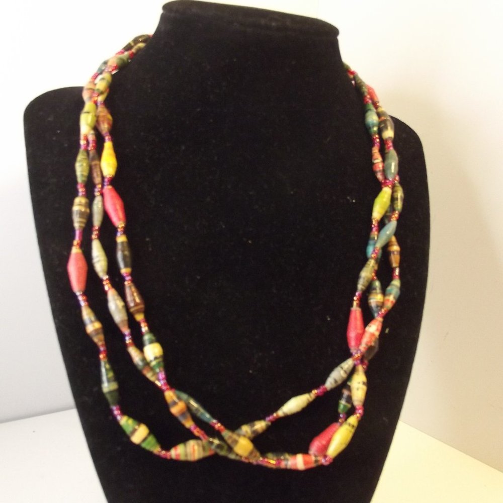Multicolor Twisted Paper Bead Necklace — Lightweight Layered Women's Jewelry